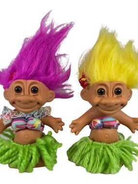 Vintage Russ Hawaiian Hula Troll Dolls Pair Pink Yellow Hair Retro 90s